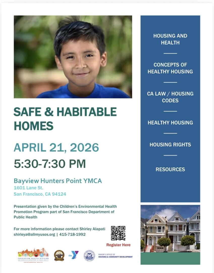 Safe and Habitable Homes event flyer, smiling child