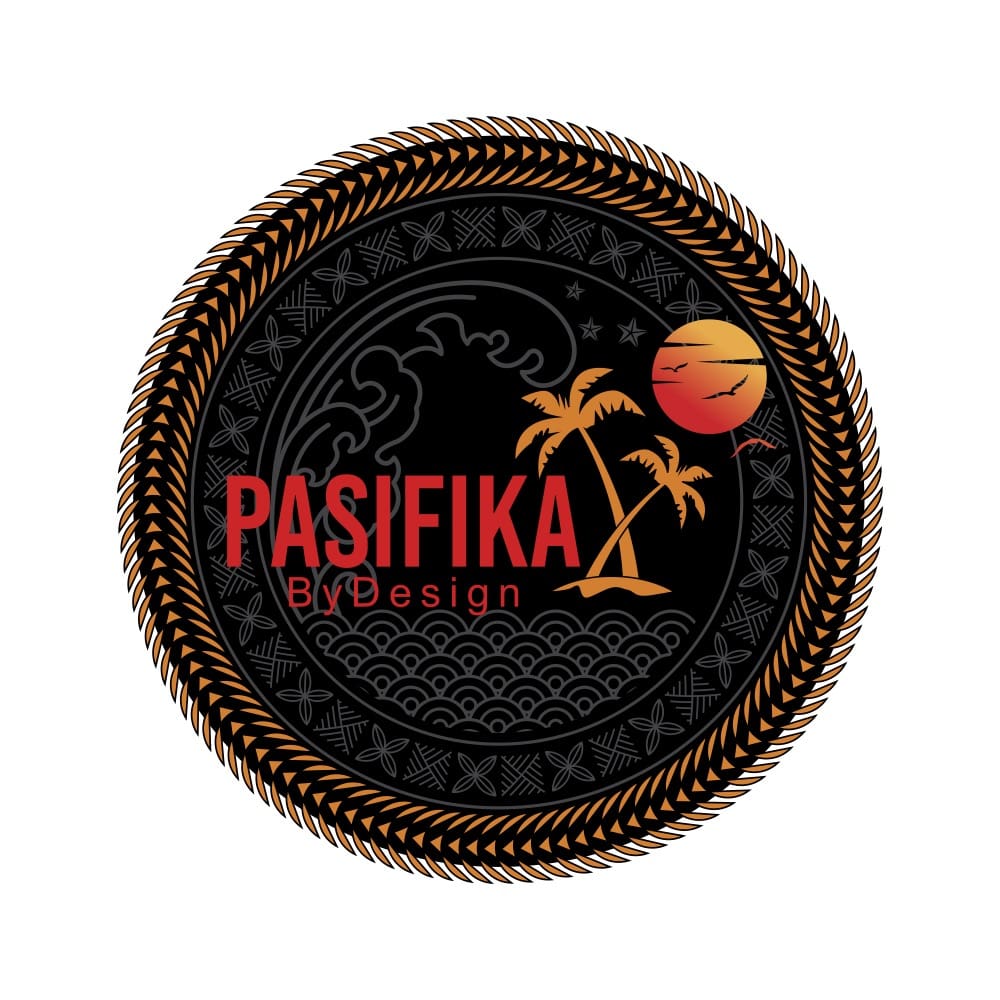 Pasifika logo with palm trees and sunset
